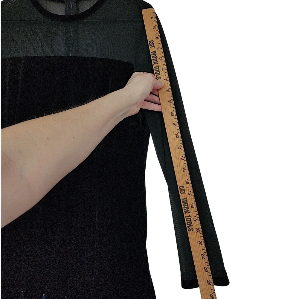 Tahari Velour Dress 12 Black Velvet Blue Feathers Mesh Long Sleeve Cocktail Mini - Picture 6 of 15